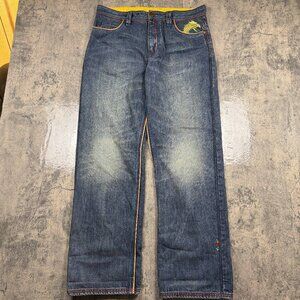 Vintage Mens Coogi Jeans Faded Knees Blue Denim Embroidered Dragons Size 34X34